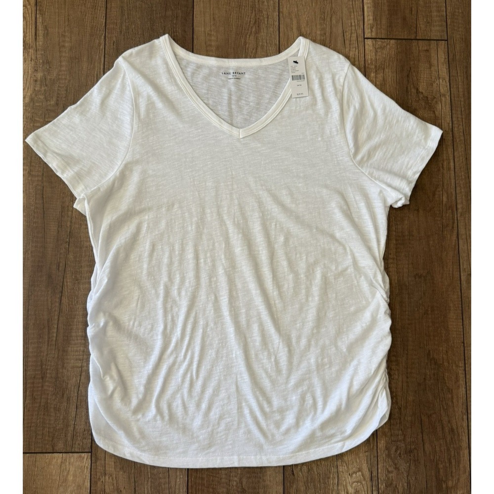 NWT Lane Bryant White V-Neck Tee Size 14/16 Side Ruched 100% Cotton Short Sleeve